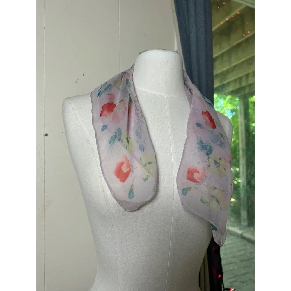 Vintage Floral Sheer Square Neck Scarf Fairy Festival Pastel Botanical Summer‎
